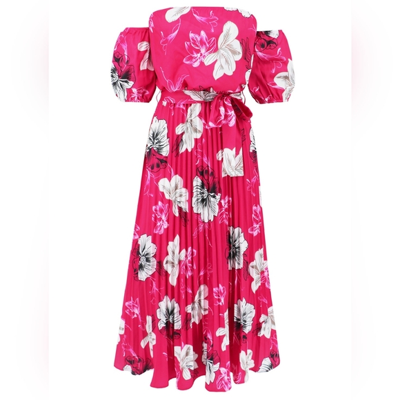 Pleated Floral Off-Shoulder Short Sleeve Midi Dress - Picture 5 of 8